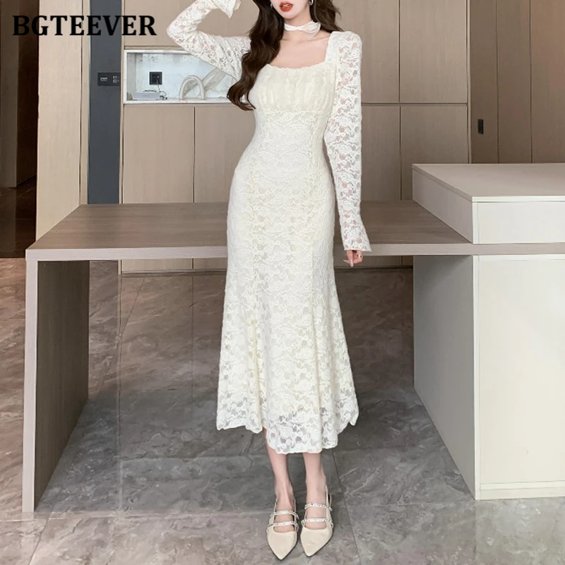 BGTEEVER Autumn Winter Elegant Square Collar Ladies Thicken Velvet Lace Dress Vintage Slim Waist Long Sleeve Female A-line Dress