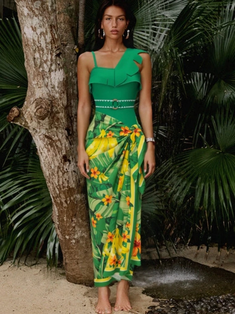 

Bikini Bodysuit Swimwear Women With Skirt Bathing Suit Summer New Ruffle Splice Print Beachwear Holiday Bikini Cover Ups Outfits