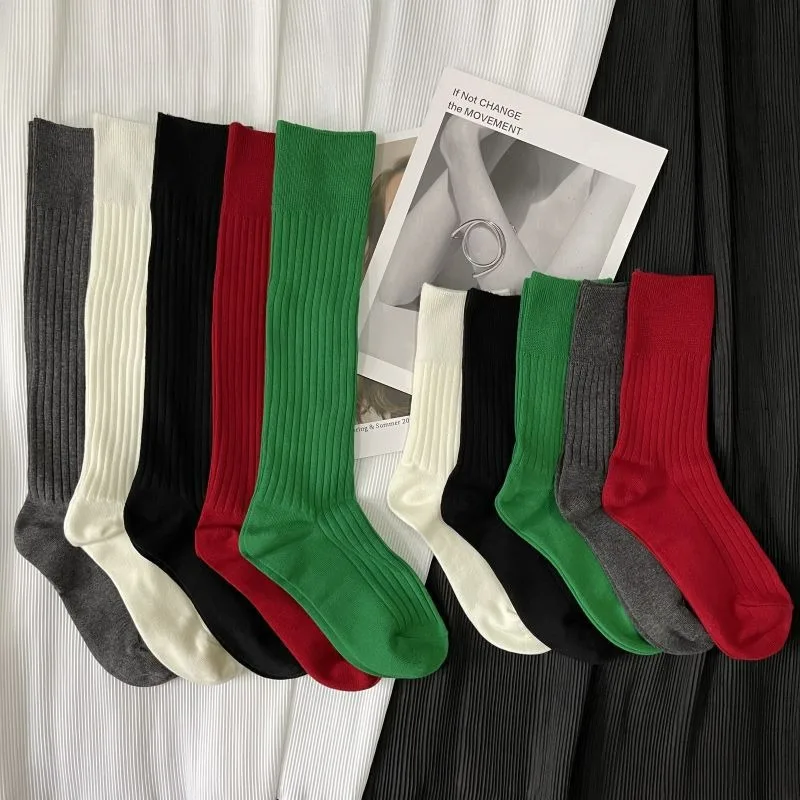 Black/white/gray/red/green Three-dimensional Double Needle Solid Color Japanese Long and Short Socks for Slimming Calves