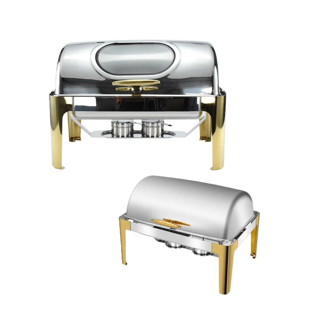 Half Gold Chafing Dishes, 9.5QT, High-footed Square Stainless Steel Chafing Dish with Transparent Hydraulic Lid, 1/2/3 food pan