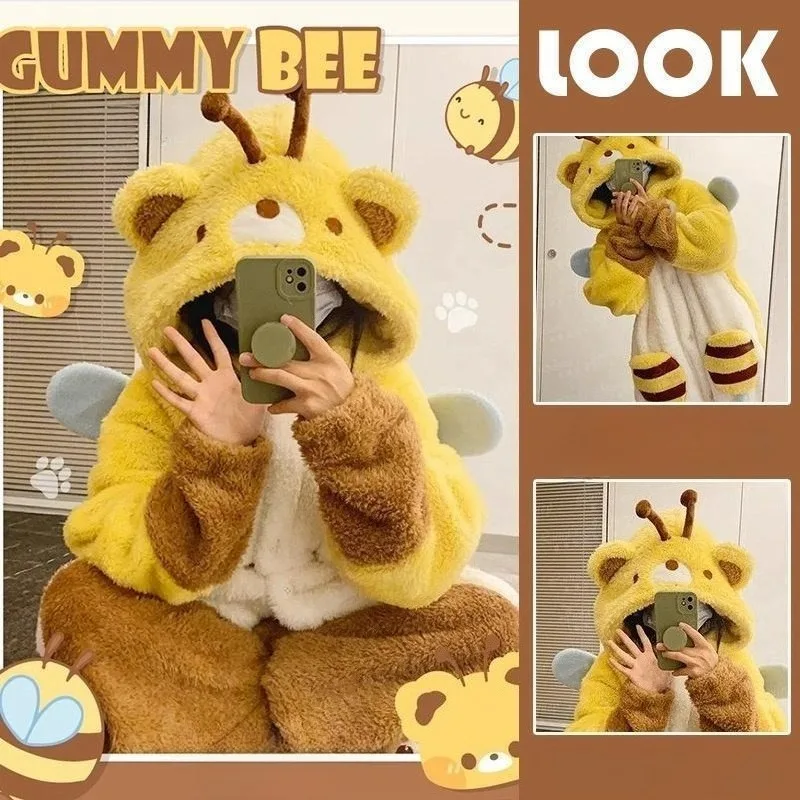 

MINISO Bee Pajamas Cute Yellow Animals Winter Fluffy Sleepwear Bumblebee Hooded Costume Cloak Pants Full Set for Women