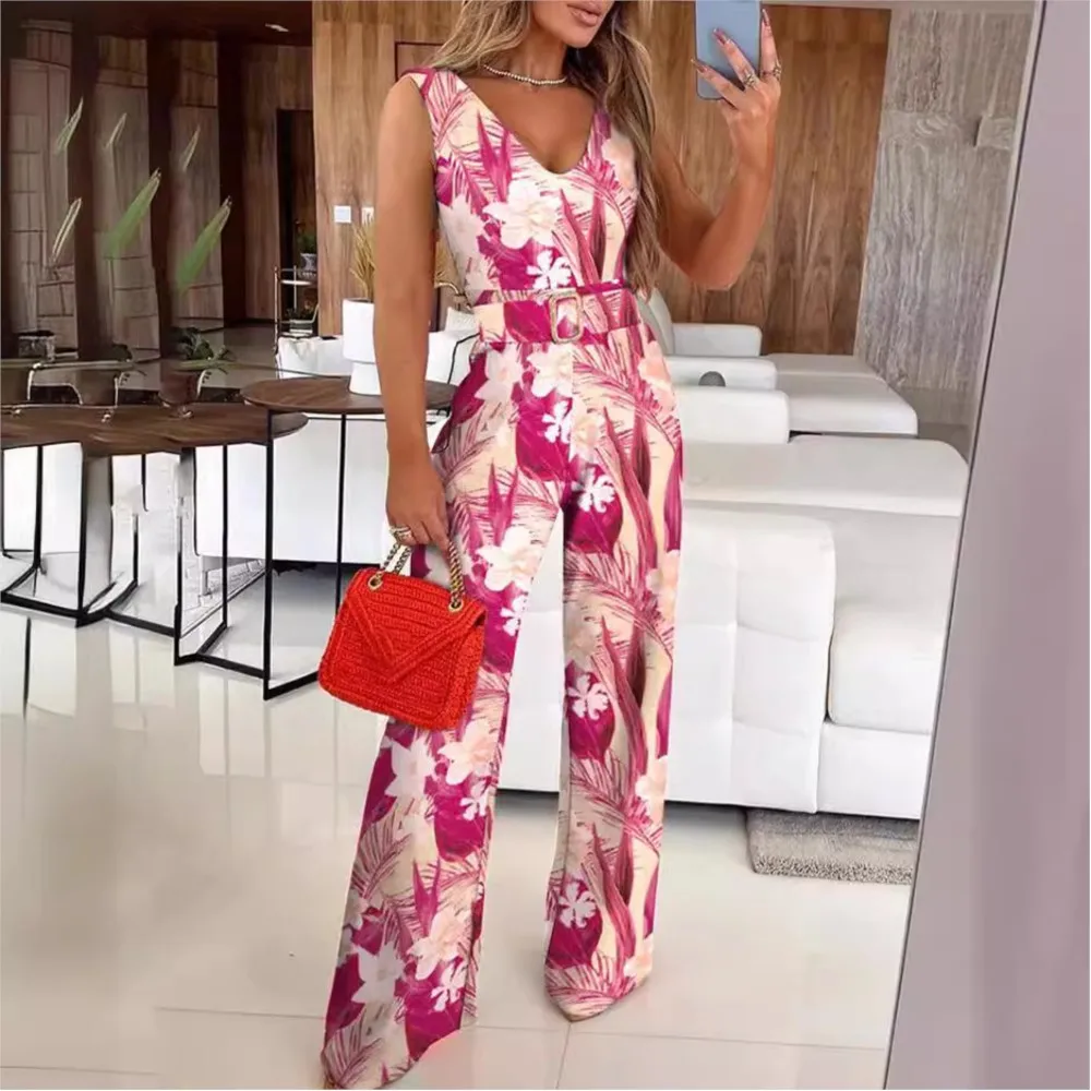 Fashion Printed Sleeveless Women One-piece Pants Spring Summer New Slim-fit Waist Lace Up Elegant Female Office One Piece Pants