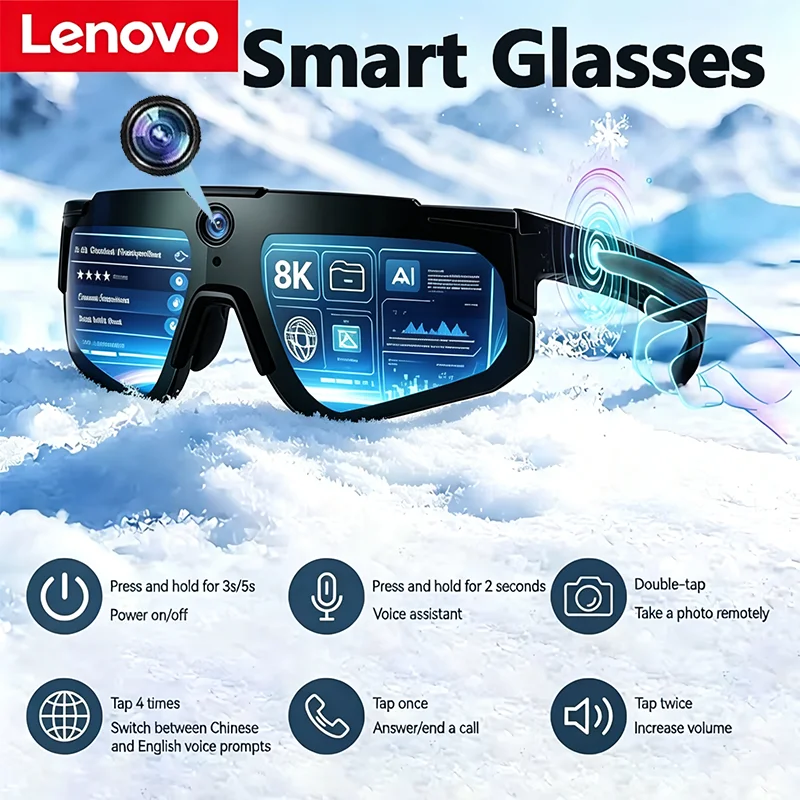 Lenovo 2026 New 1080P AI Smart Glasses 8MP ChatGPT Anti Shake Cycling Video Photo Sport Sunglasses Dual Mic 32GB Windproof