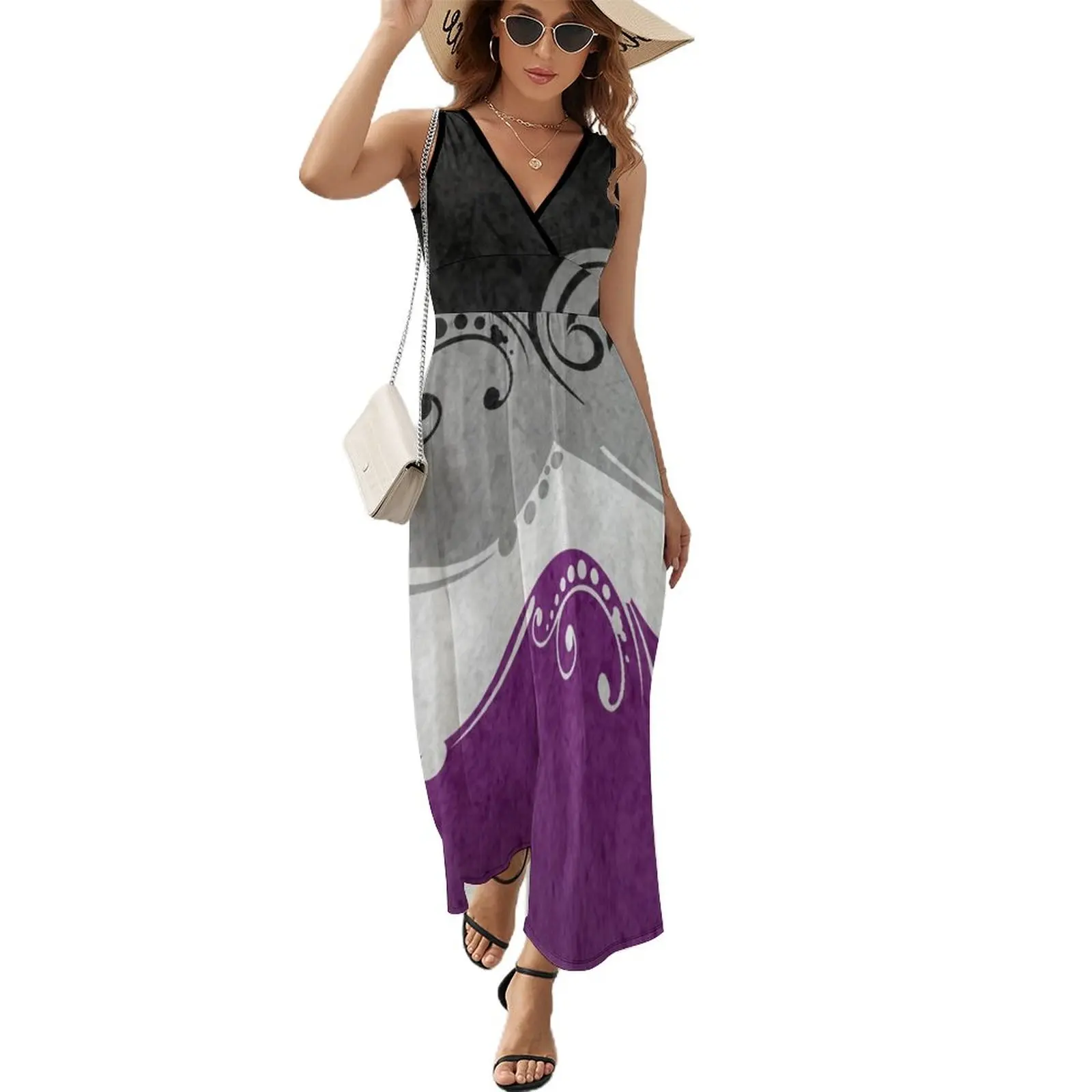 

Fancy Swooped and Swirled Asexual Pride Flag Background Sleeveless Dress luxury woman party dress women party dresses