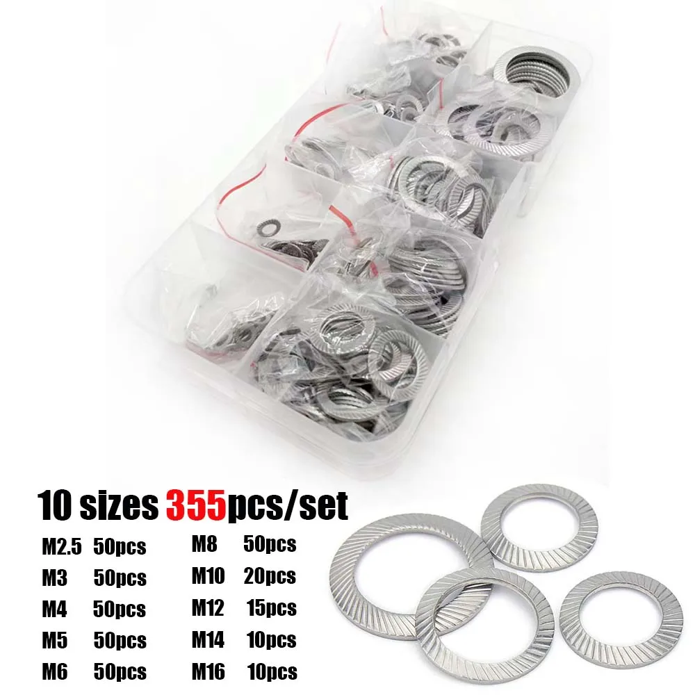 355pcs/set M2.5 to M16 DIN9250 304 Stainless Steel Knurled Elastic Gasket Disc Spring Serrated Lock Washer Assortment Kit Set