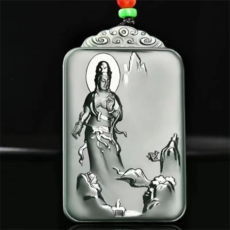 Jia Le/ 100% Natural Hetian Cyan Jade Landscape Guanyin Necklace Pendant Fashion Personalized Men and Women Couples Amulet Gift