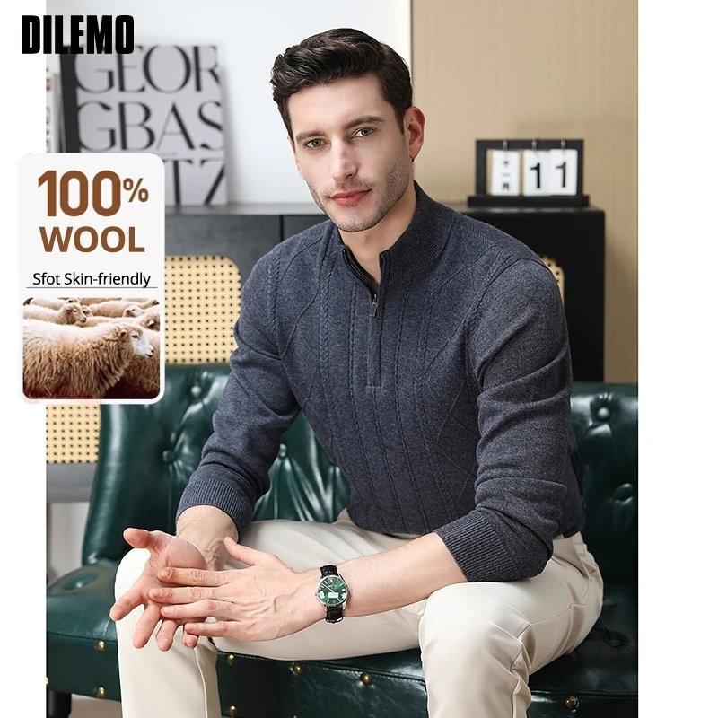 

High End 100% Australia Wool Cashmere New Zip Up Autum Winter Fashion Brand Casual Men Pullover Knit Half Turtleneck Sweater