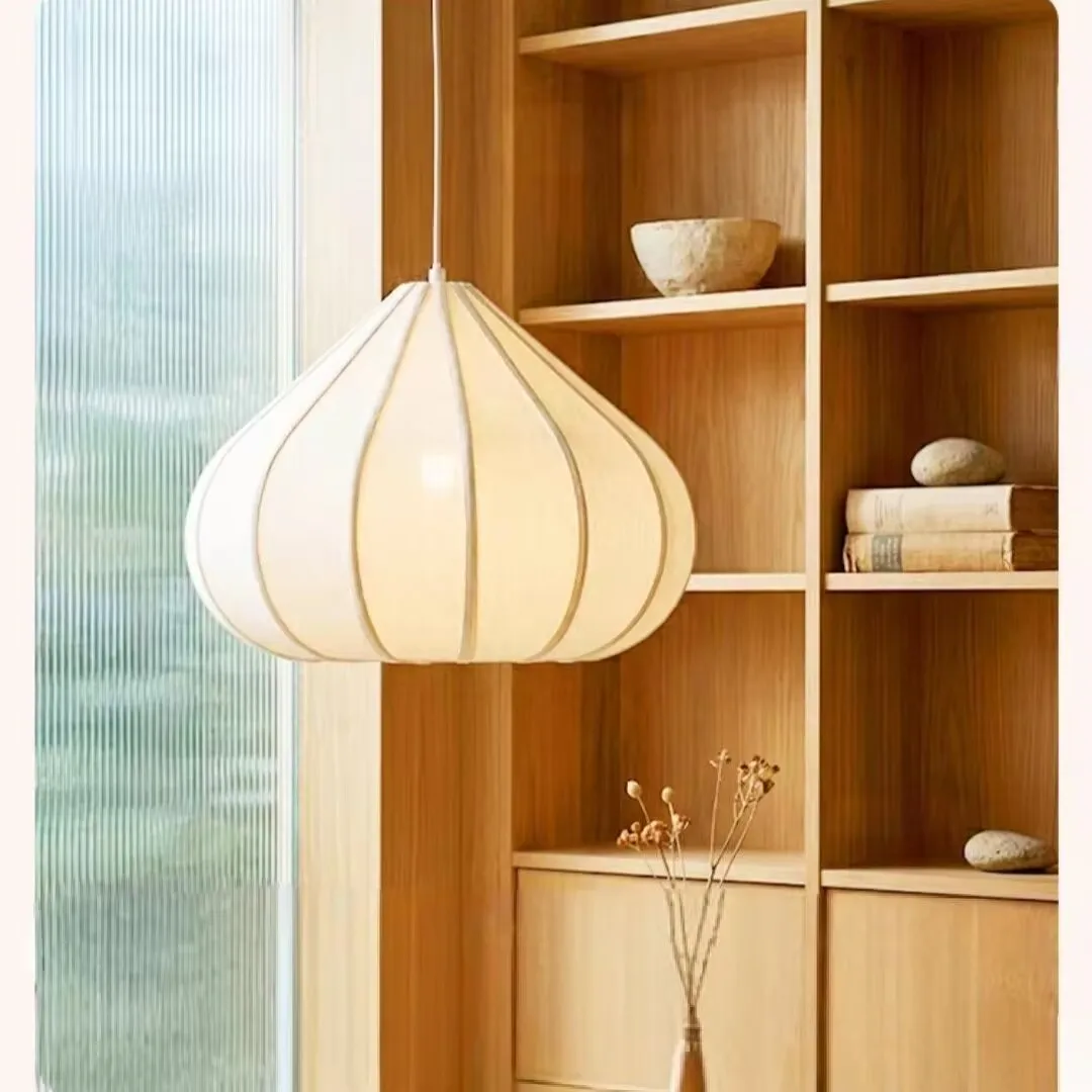 Linen pear shaped pendant lamp, mid century style guesthouse restaurant lamp, vintage fabric lamp for tea room and study room