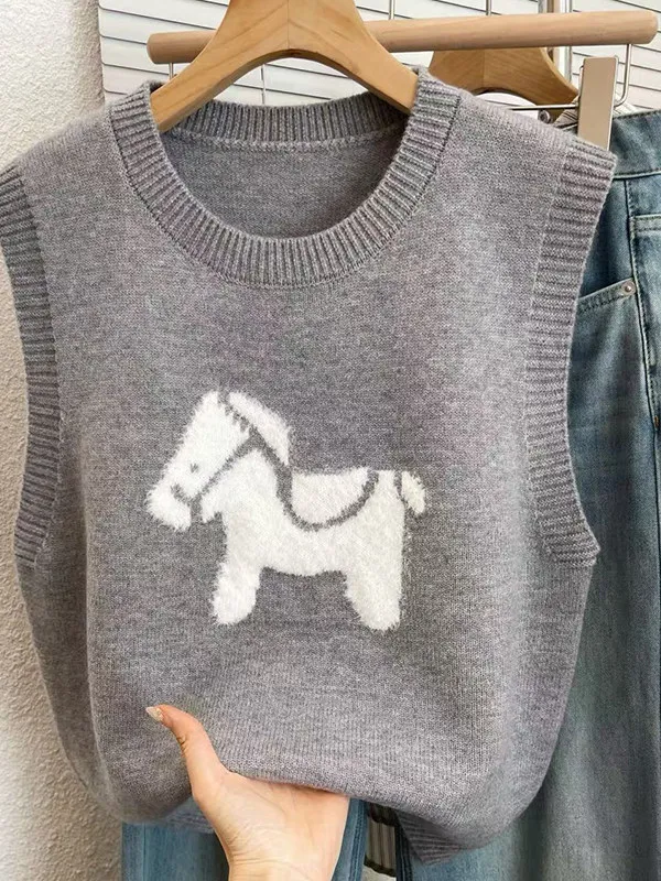 

Cartoon Tassel Knitted Sweater Vest Women's Spring Autumn Fashion Layering Sleeveless Knitted Top Warm Casual Style