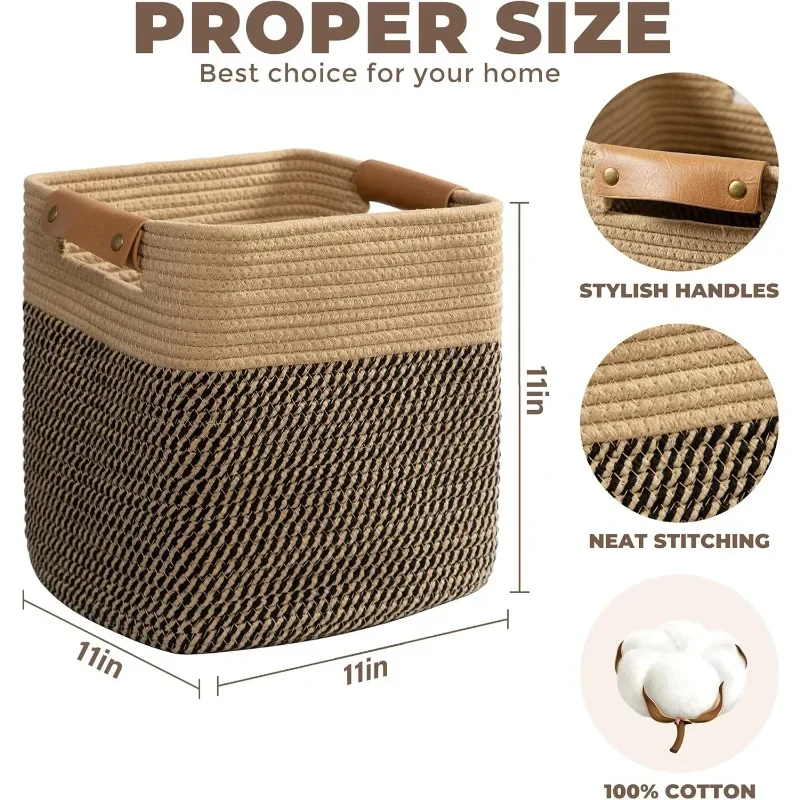 3 عبوات من سلال الحبال القطنية للتخزين، ألعاب مكعبات تخزين مكعبة، 11 بوصة × 11 بوصة، منشفة، وجبة خفيفة، صناديق تخزين مع خياطة معززة