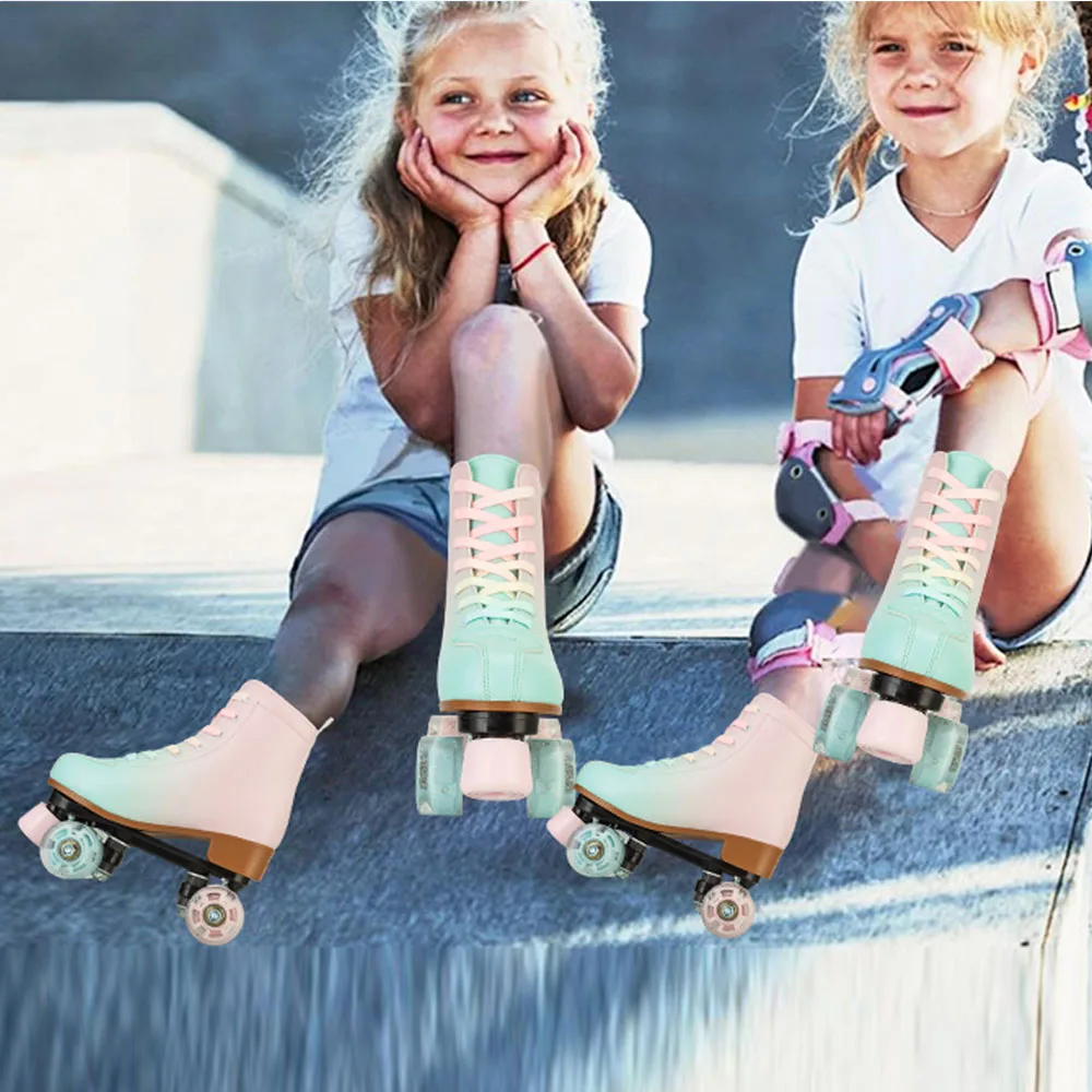 Zapatos de patines de ruedas para niños y niñas, zapatillas de cuero PU con 4 ruedas, ligeras, para interiores y exteriores, de 8 a 12 años