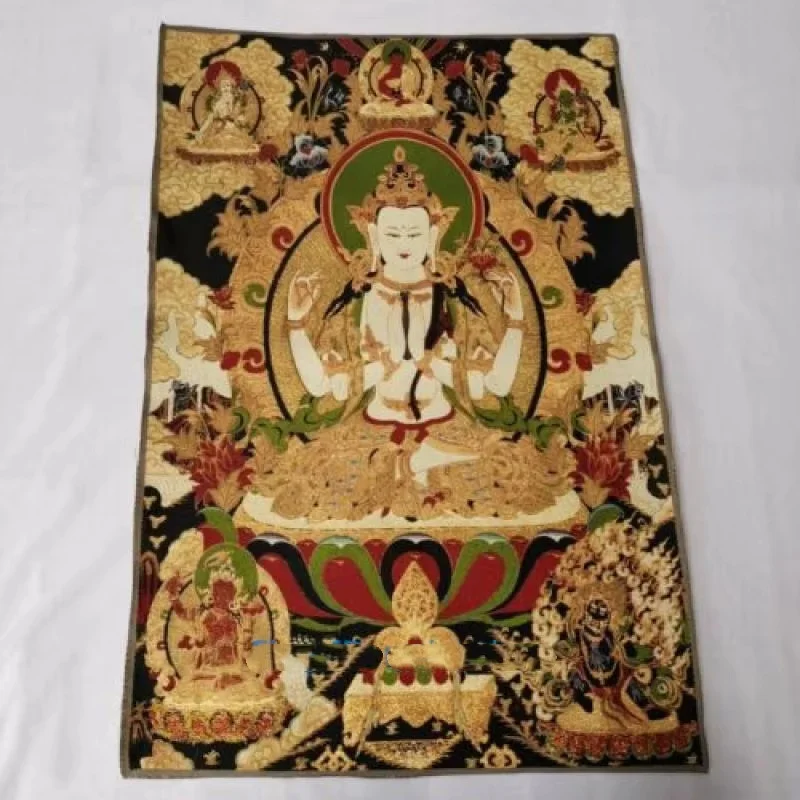36Tibetan Silk Satin 4 Arms Chenrezig Buddha Avalokiteshvara Thangka Mural