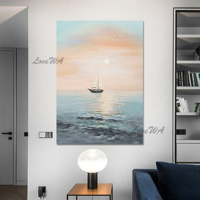 

Large Size Beautiful Sunrise Landscape Oil Painting Sailboat Modern Decorative Art Wall Picture For Restaurant Artwork unframed