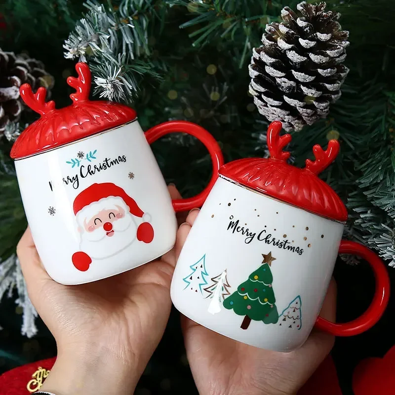 

1 Piece 400ml Christmas Mug Ceramic Coffee Cup Creative Deer Horn Lid Design With Spoon Holiday Cup Christmas Gift Box Packing