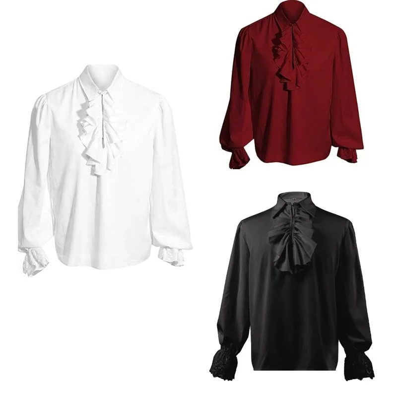 

Medieval Prince Charming Shirt Vintage Renaissance Mens Viking Pirate Top Ruffle Collar Nordic Retro T-shirt Cosplay Top Adult