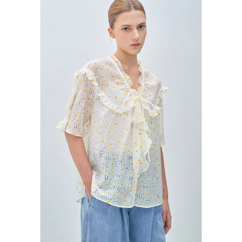 

Французский романтический женский свободный крой с цветочным принтом V-Ne irt ort Sve Button up irt с галстуком-бабочкой Summer Fren