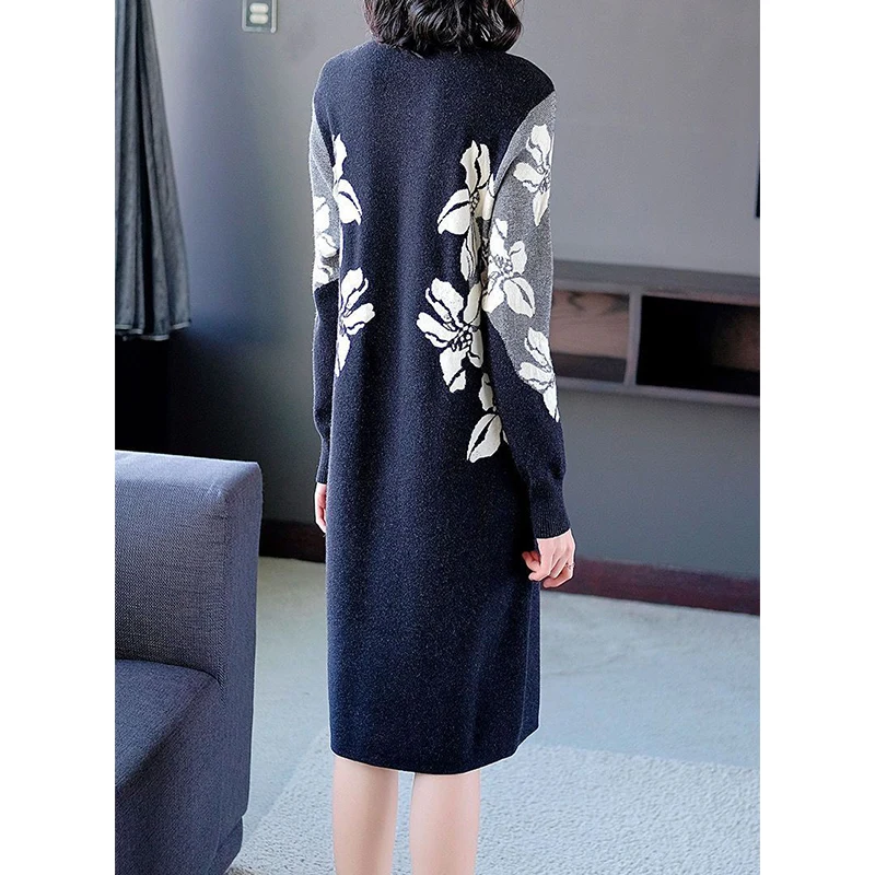 Autumn Winter Half High Collar Vintage Printing Robe Female Loose Casual All-match Dress Women Elegant Fashion Knitting Vestido