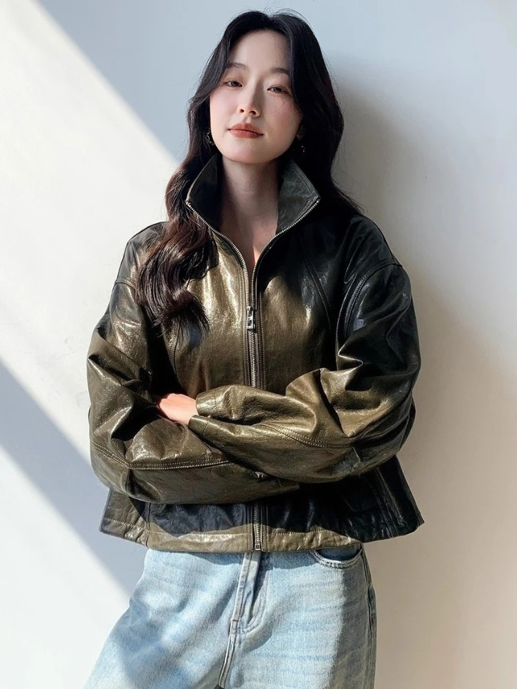 Casual Kurze Echtes Leder Jacken für Frauen Frühling Herbst High-end-Einfache Stehkragen Lose Weiche Öl Wachs Echt ziegenleder Mantel