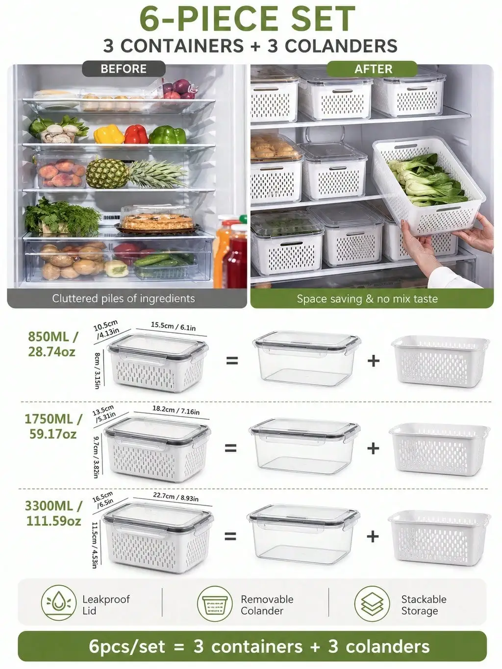 Removable Colander Produce Box Set for Washing, Draining and Storing Food for Fruit Washing Basket Set