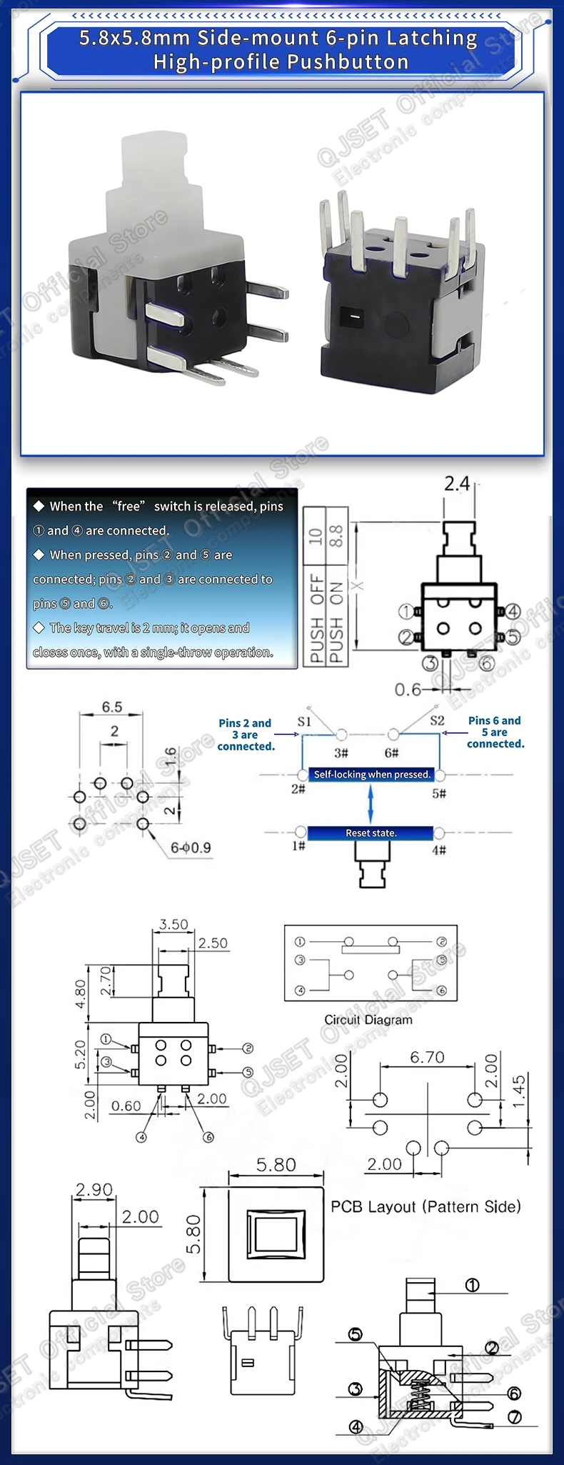 10 Stück 5,8x5,8 7x7 8x8 8,5x8,5mm Selbstverriegelnde/Nicht-verriegelnde Reset-/Multimeter-Taster, Taktiler Mikroschalter, 3/6-Pin Drucktastenschalter – Detail 11