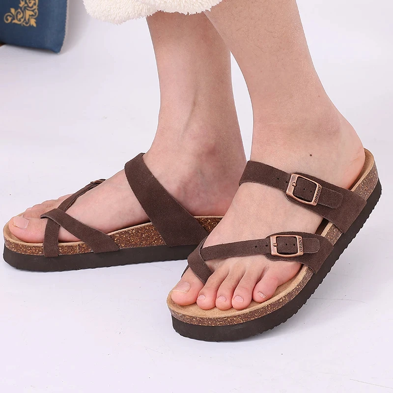 Shevalues New Fashion Cork Sandals Women Classic Cork Suede Footbed Slippers Female Summer Beach Sandals With Adjustable Buckle