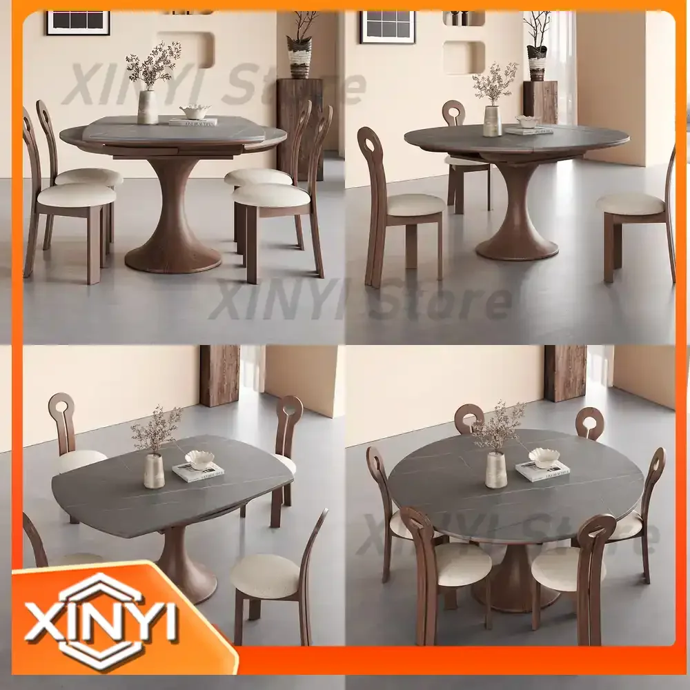 Extendable Solid Wood Folding Dining Table with Marble Top for American Vintage Style Homes Small Apartments Round Expandable