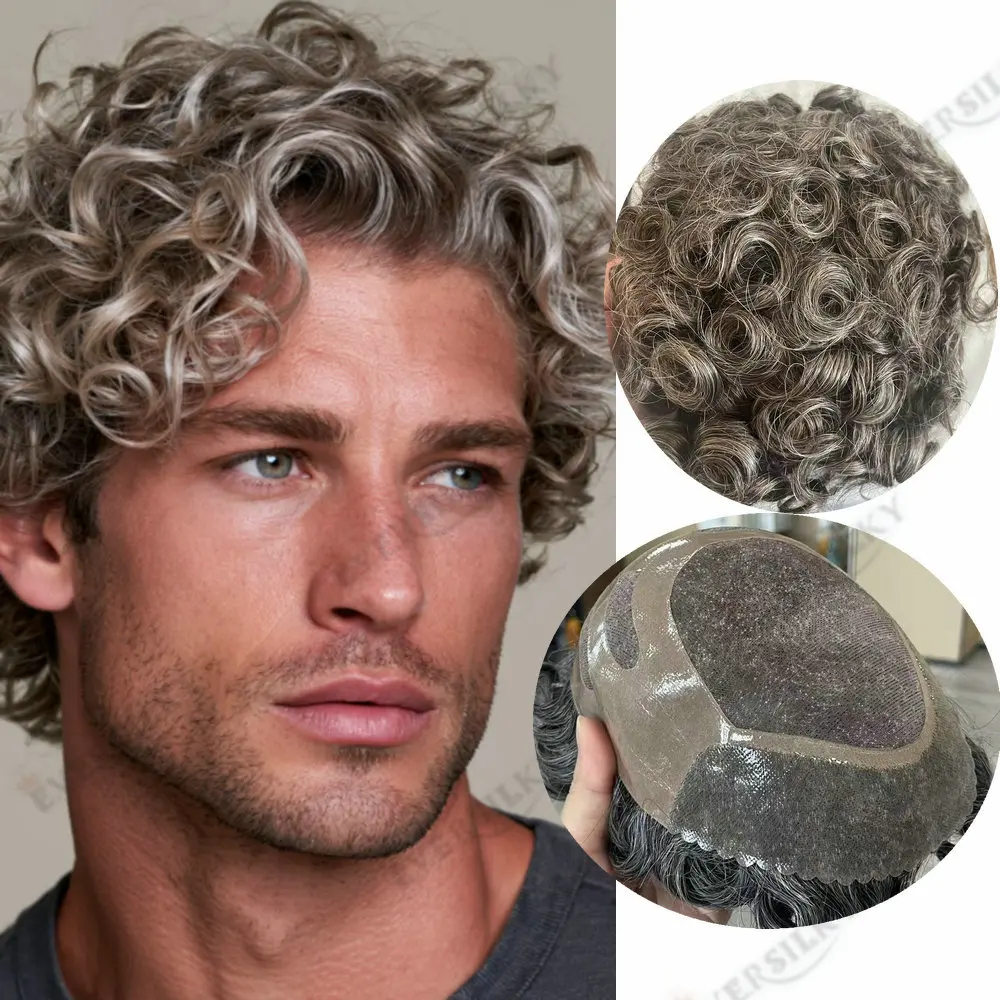 28mm Curly Bond Style Echthaar-Toupet für Herren, Mono-NPU-Basis, 1b65 565 Graubraunes Haarsystem, Atmungsaktive, Langlebige Kapillar-Prothese – Detail 2