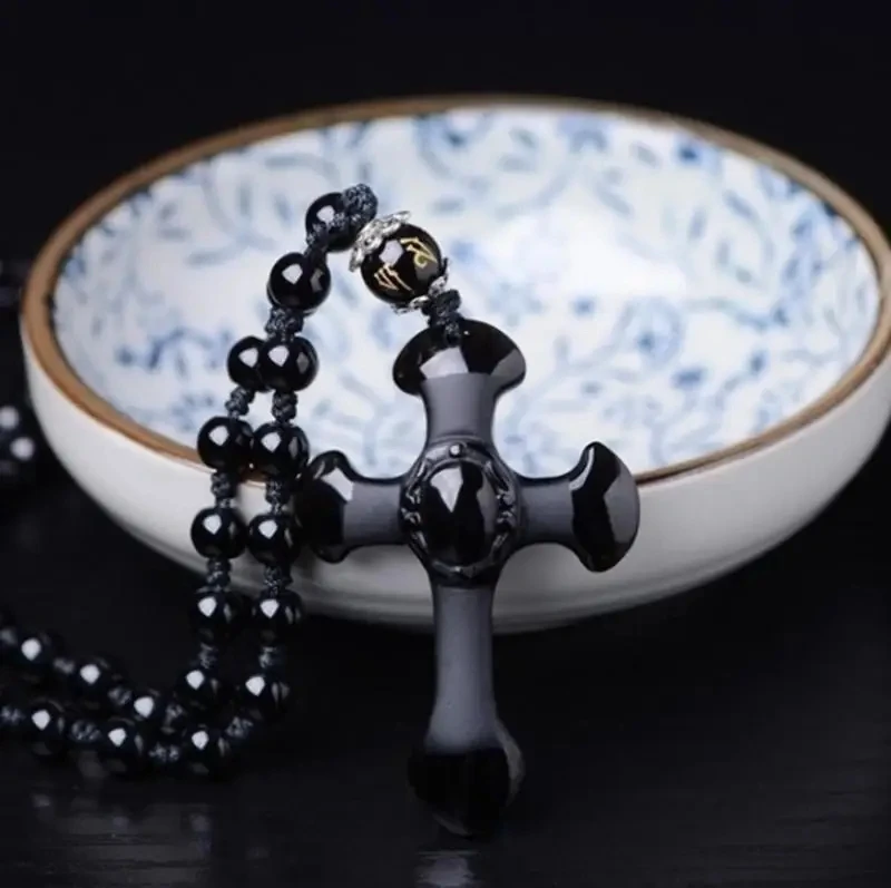 Vintage Christian Cross Obsidian Pendant Beaded Necklace Men Women Good Luck Amulet Jewelry Gift