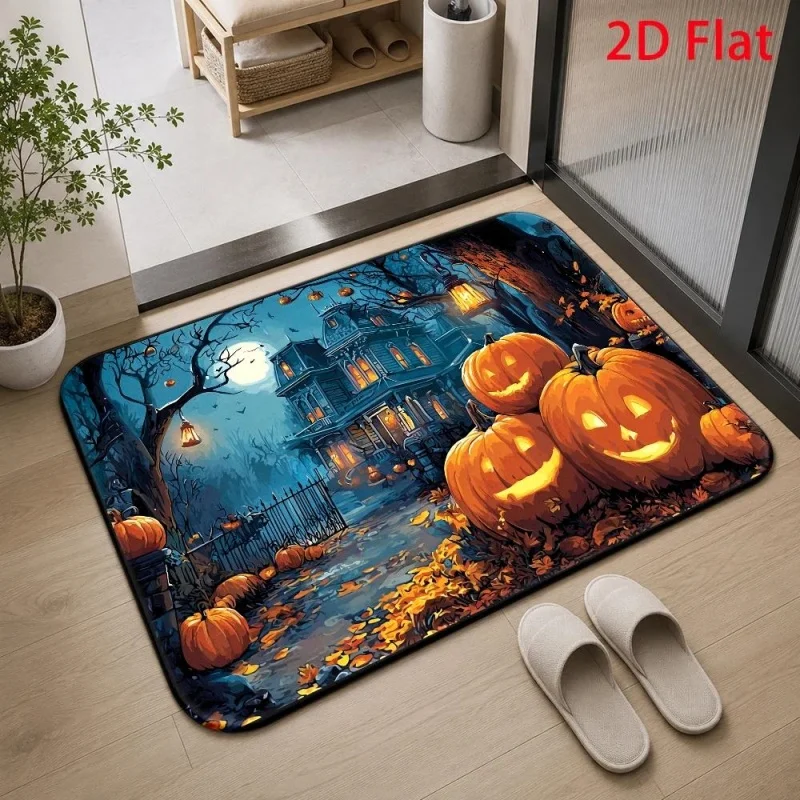 Blue Night Haunted House Glowing Pumpkin Halloween Household Doormat, Spooky Scenery Printed Floor Rug, Decorative Entry Mat