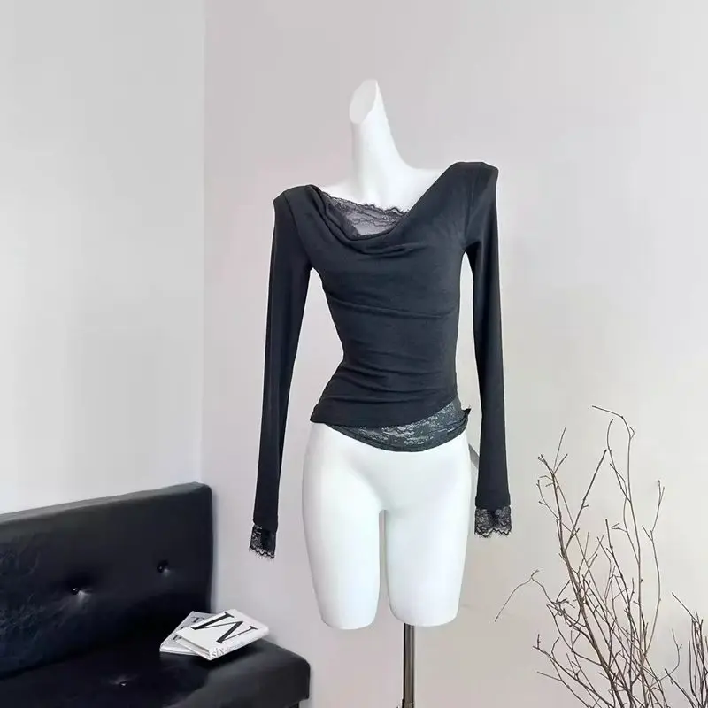 

Женский топ с французским кружевом, осенне-зимний дизайн, тонкая футболка с длинными рукавами, нижняя рубашка