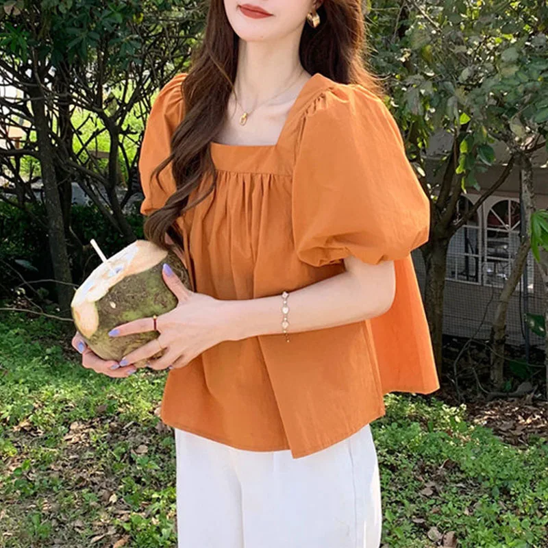 Square Collar Puff Sleeve Solid Color Shirt Women\'s Clothing Summer 2024 Fashion Female Korean Preppy Style Sweet Folds Blouses