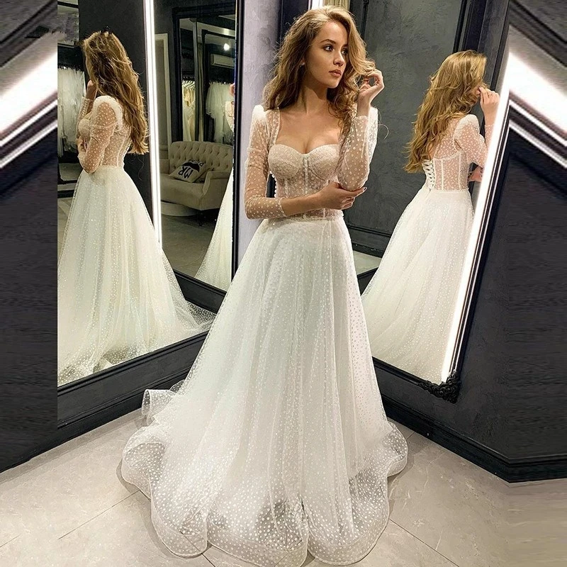 

Sexy Long Sleeve Sweetheart Princess Wedding Dresses A Line Illusion Corset Tulle Boho Beach Bride Dress Vestidos De Novia 2023