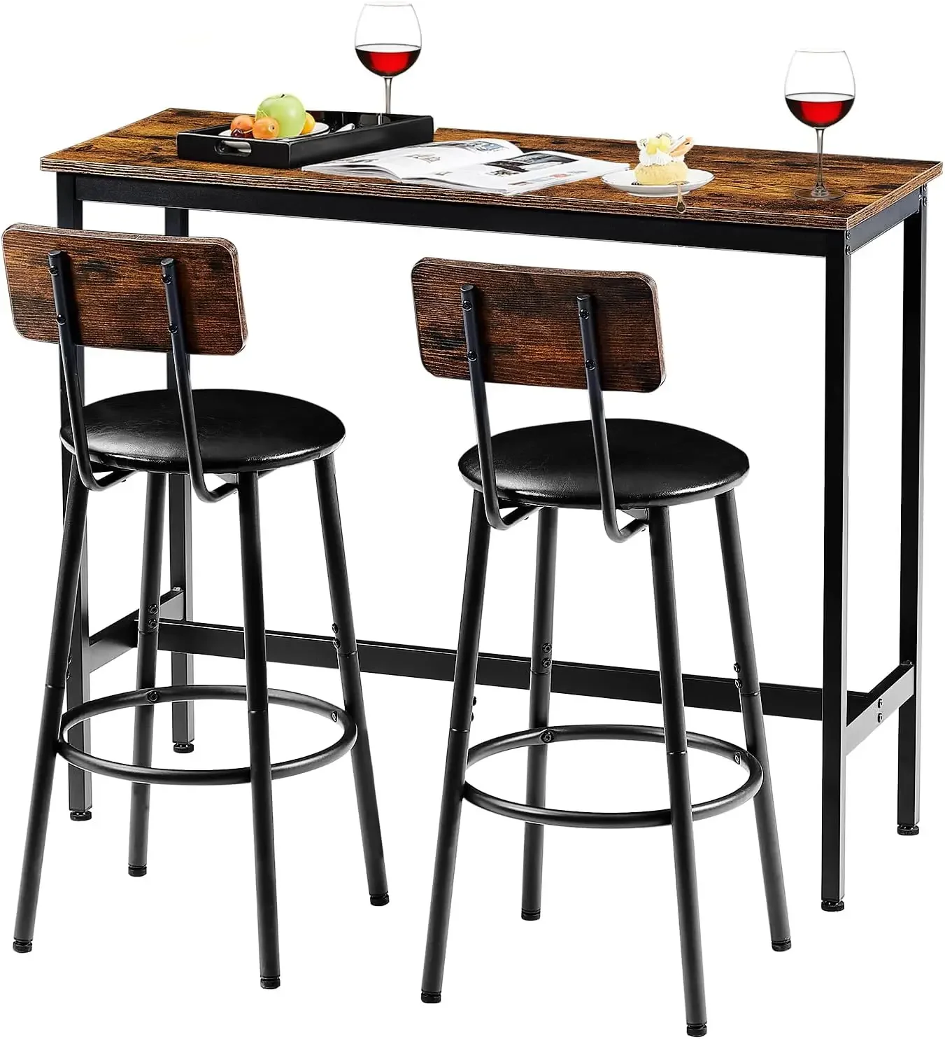 Bar Table and 2 Chairs Set, Industrial Style Bar Stools PU Upholstery Seat with Backrest, 3 Pieces Pub Dining Table Set fo