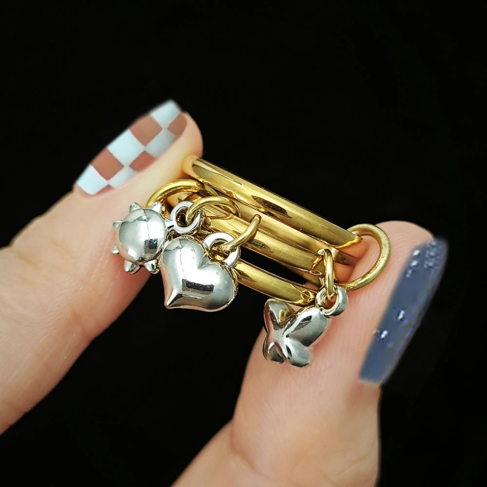 Anillos Apilables con Colgante de Corazón, Mariposa y Sol, de Acero Inoxidable, con Dijes DIY, Set de Anillos Spinelli para Mujer, Joyería Nueva para Dedos, Estilo INS