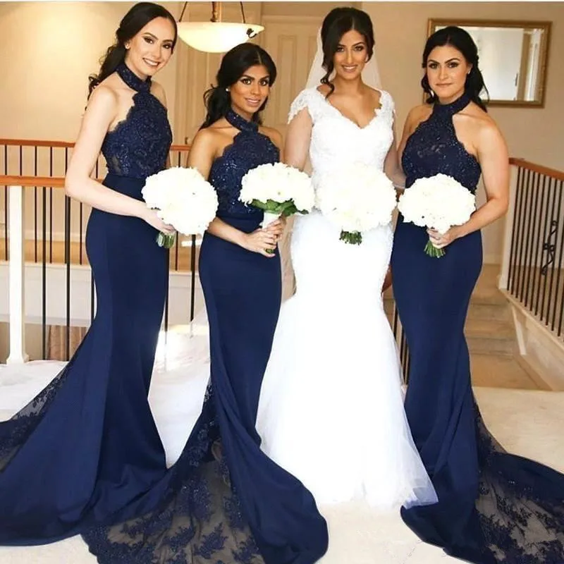 

Sexy Navy Blue Bridesmaid Dress Mermaid Halter Neck with Lace Maid of Honor Gowns Sleeveless Long Formal Wedding Guest Dresses