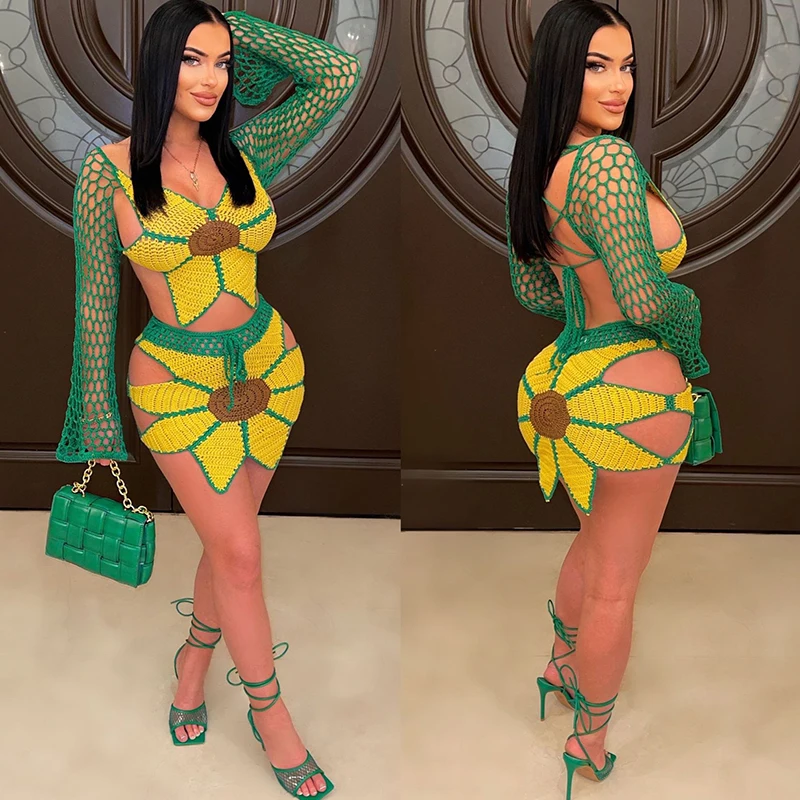 Sunflower Crochet Two Piece Set for Women Summer Beach Dress Sets Long Sleeve Crop Top and Mini Skirt Suits Sexy Club Outfits