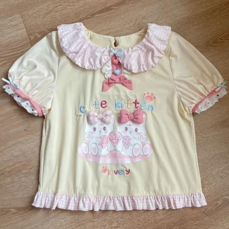 Lolita Print Tops Bow Cake Blouse Y2K JK Lolita Japan Kawaii Girl Cute Sweet Lace T-shirt A-line Spliced Cake Skirt New Chic - Image 2