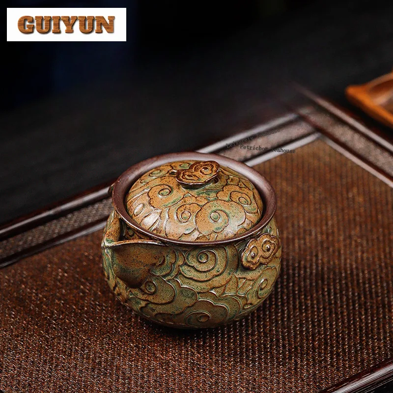 HOYIHM 225ml Retro Yixing Coarse Pottery Teapots Handmade Clouds Hand Grab Pot Raw Ore Wood-fired Porcelain Kettle Zisha Tea Set