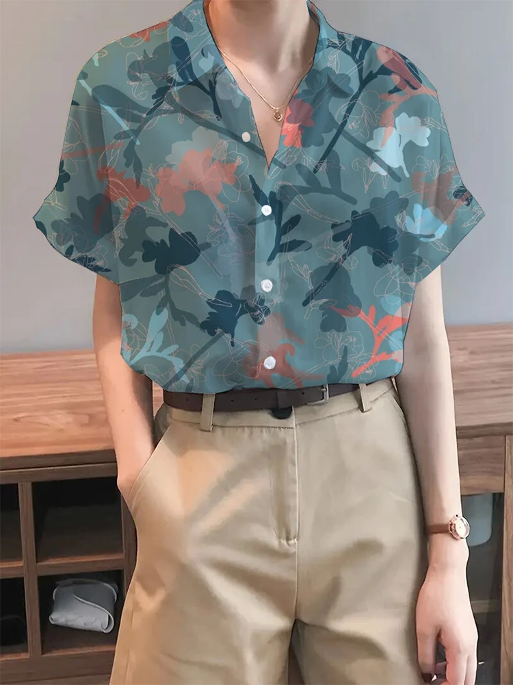 Summer Women\'s Button Down Shirt Elegant Lapel Short Sleeve Shirt Breathable and Comfortable Suitable for Spring and Summer Wome