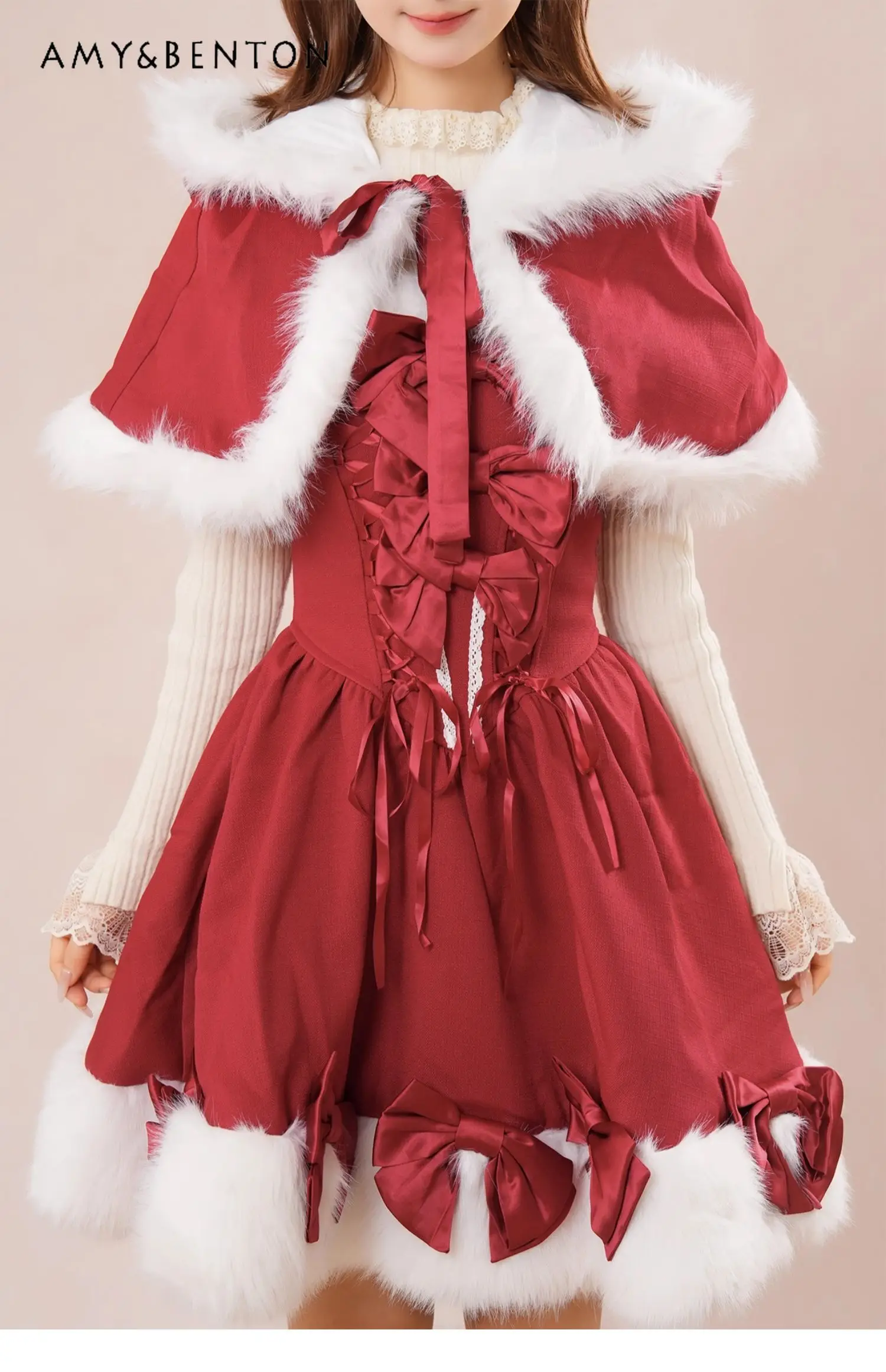 

Autumn Winter New Hot Sale Japanese Style Christmas Red Hooded Cloak Bow Short Tube Top Puffy Dress Two-Piece Set