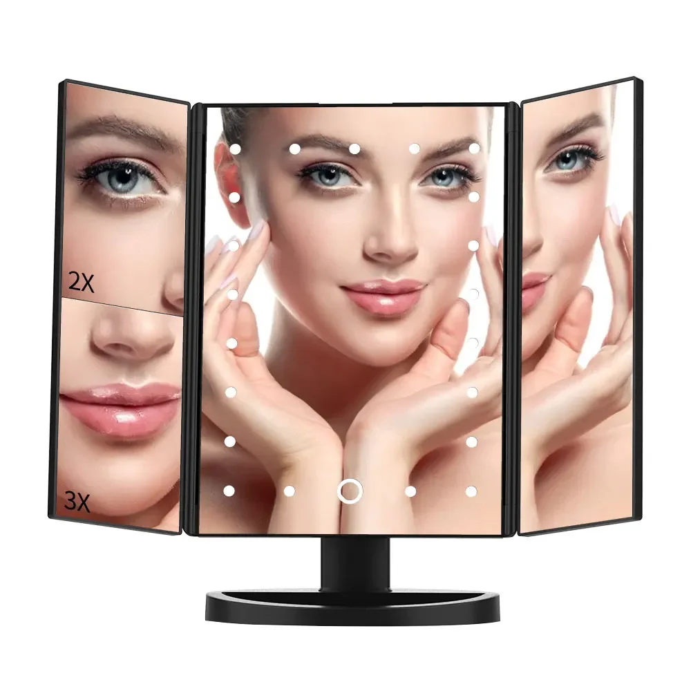 Portable Makeup Mirror Led Light Touch Screen Vanity Mirror with 21 LED Lights 1X/2X/3X Magnifying 3 Folding Cosmetic Mirror