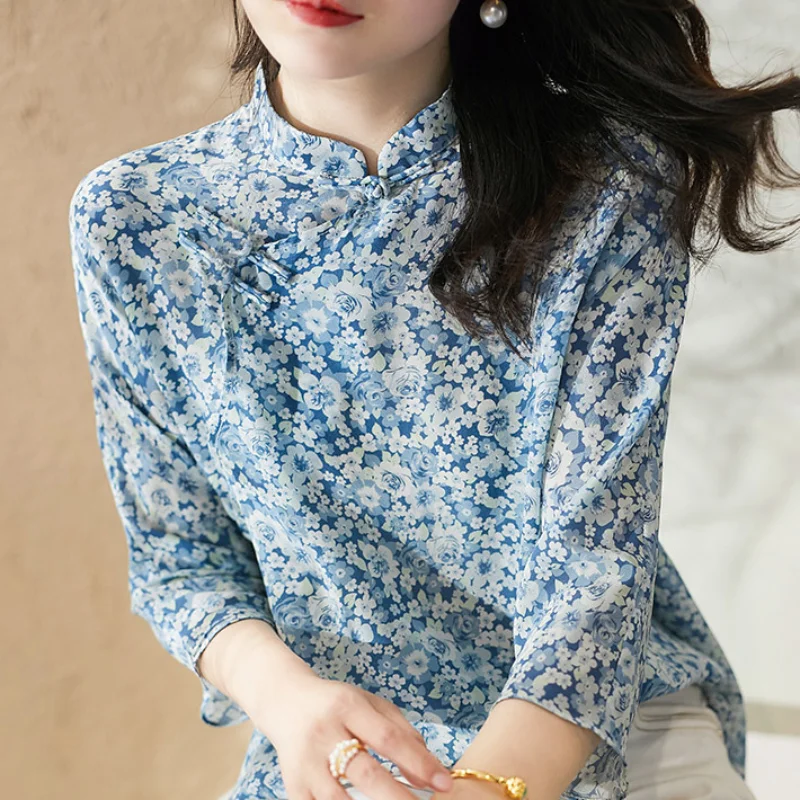 

Chiffon blouse women three-quarter sleeve blouse summer women 2023 new small shirt Chinese style loose floral blouse female top