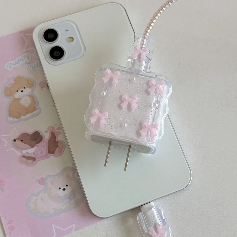 Transparent Pink 3D Bowknot Cellphone Charger Protective Case Sleeve for Apple IPhone 18/20W Laser Cable Winder Wire Protectors view 4