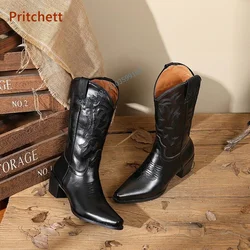 Sewing Pointed Toe Cowboy Boots Slip On Square Heels Adult Knee High Leather Shoes Retro Winter Large Size Women's Knight Boots