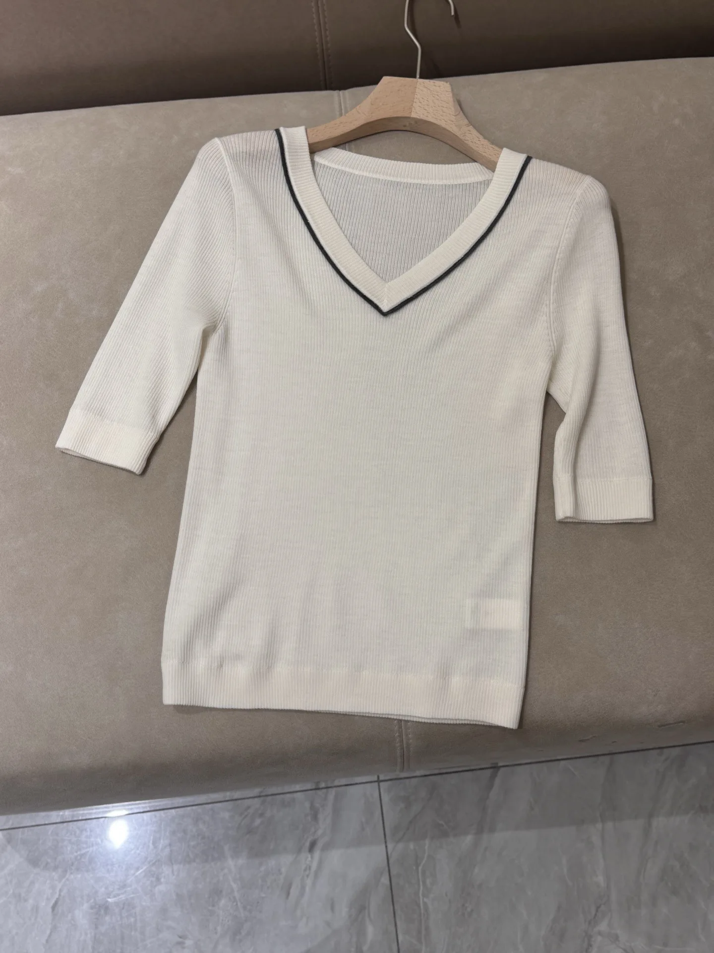 Ele Simple Wool Knitted ort Sve T-Shirt V-Ne Bequemes, faionable Damen Basic Sle Regular Fit Herbst Top