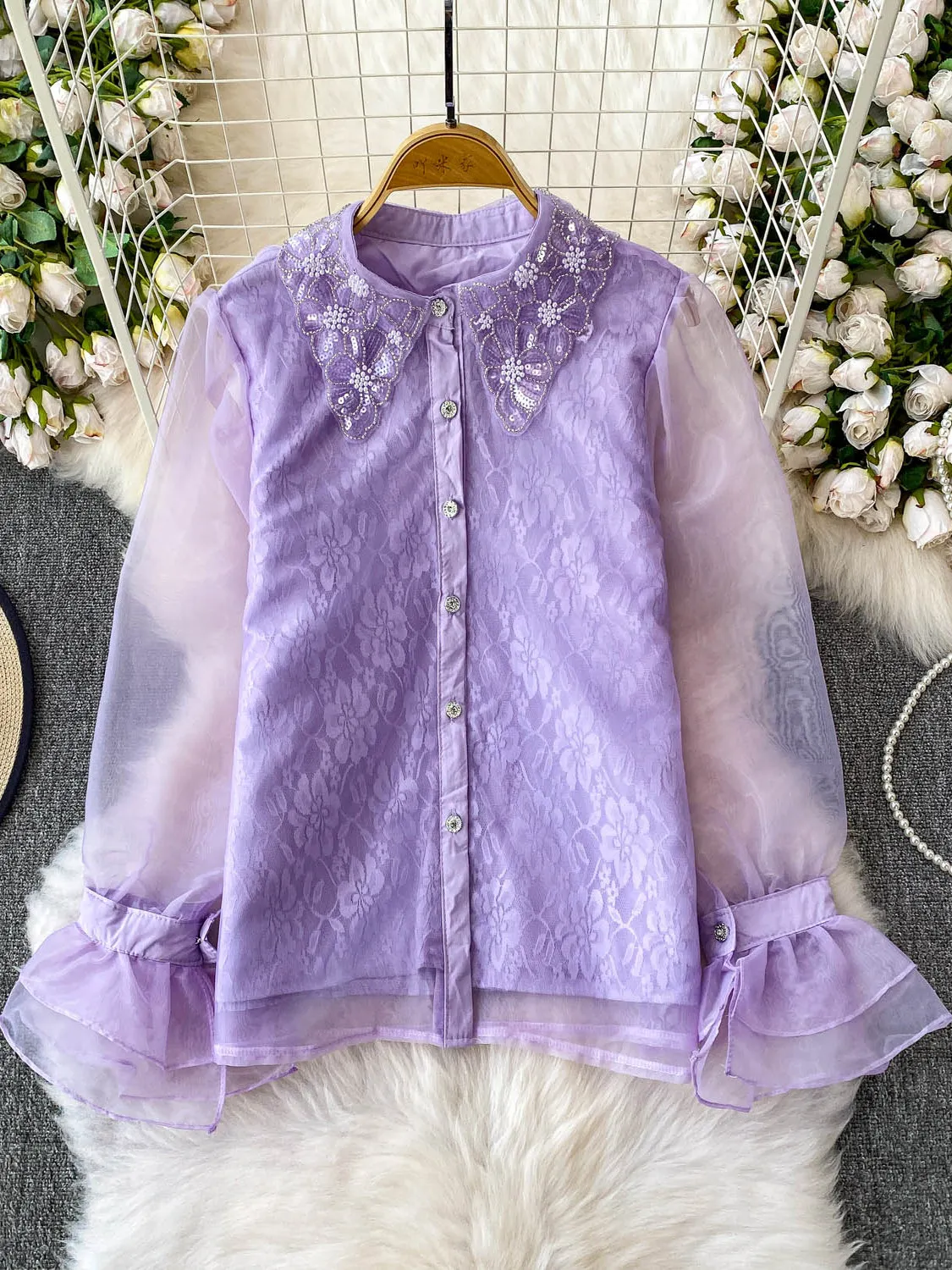

2026 New Autumn Women Turndown Collar Flare Sleeve Shirt Heavy Work Bead Sequin Flower Decoration Single Breasted Shirt Top