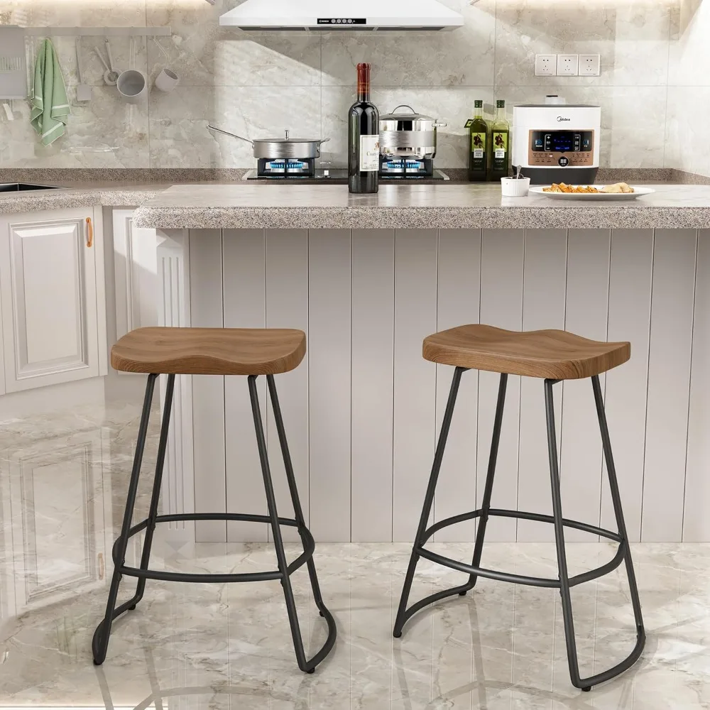 

24" Swivel Bar Stools Set of 2 Industrial Backless Bartsools Metal Counter Height Stools with Wood Top Matte Black