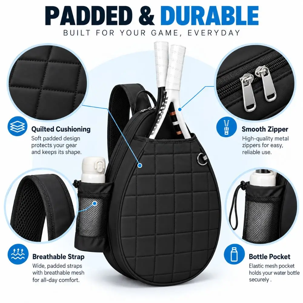 Lightweight Tennis Racket Bag Foam Padded Waterproof Racket Sling Case Wet Dry Separation Large Capacity Pickleball Racket Bag
