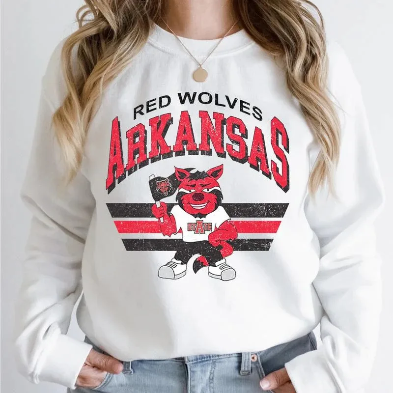 

Осенне-зимняя толстовка с круглым вырезом и принтом Arkansas Red Wolves, 100% хлопок, отлично подходит для любителей ASU и выпускников