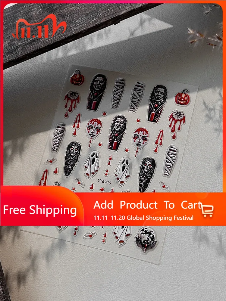 

1pcs 5D Mummy Nail Stickers Halloween Horror Nail Art Charms Decorations Decals DIY Manicure Adhesive Slider
